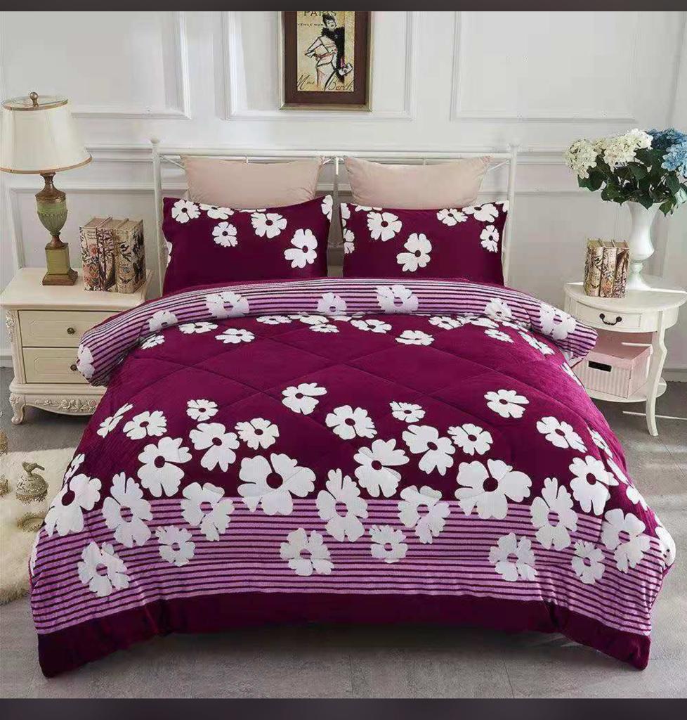 6 PCs Bedding Set with Duvet covers, Bedsheet &  pillow cases. ( Wine with flower touch)