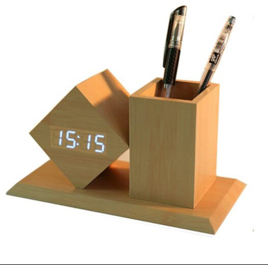 Wooden desk top Pen stand with digital clock | HOG-Home. Office. Garden online marketplace