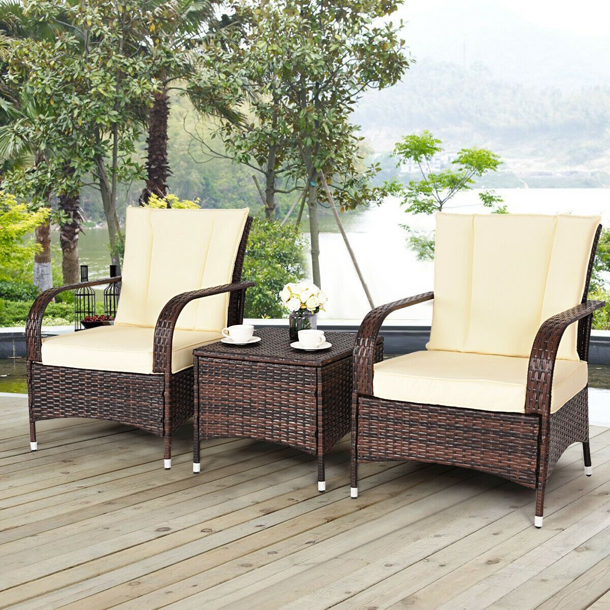 Costway 3PCS Outdoor Patio Rattan Wicker Furniture Set