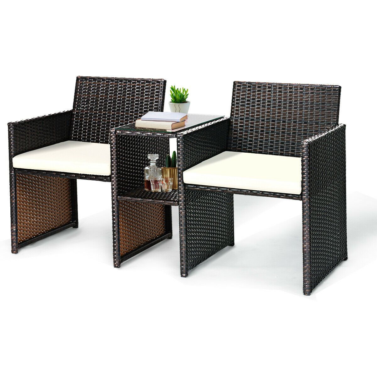 Costway Patio Rattan Loveseat Table Chairs Set