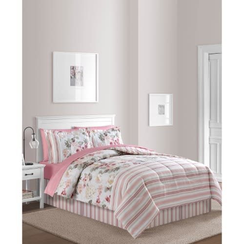 FiDEL 8pcs Pink Floral Roses & Stripes Spring Cal King Comforter Set