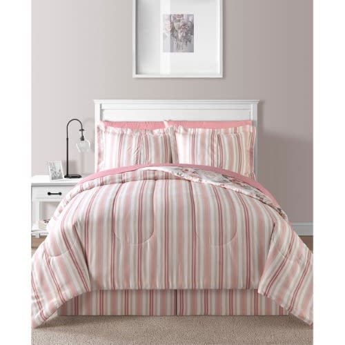 FiDEL 8pcs Pink Floral Roses & Stripes Spring Cal King Comforter Set